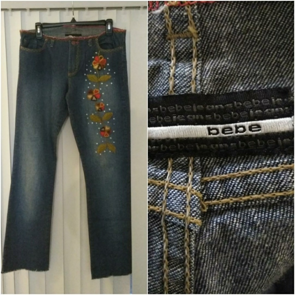 Rare Embroidered Bebe Jeans Distressed Frayed NWOT